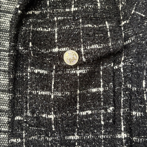 Tweed Chanel-style Black and White Cropped Blazer w Collar Plaid Pattern - Picture 6 of 8